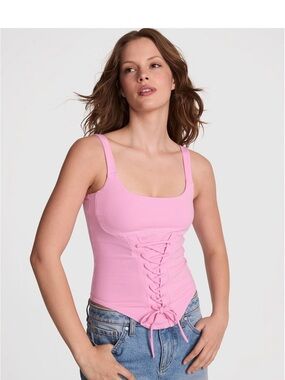 PINK All-Day Soft Rib Lace-Up Corset Top